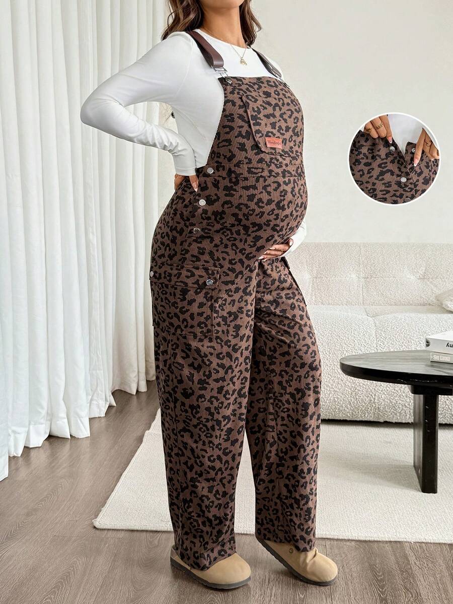 SHEIN Maternity Patch-Up Leopard Print Pocket Jumpsuit - Brown - View 1