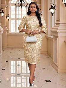 Fleurora Plus Size Women's Jacquard Round Neck 3/4 Sleeve Elegant Dress Fall - Gold - View 5