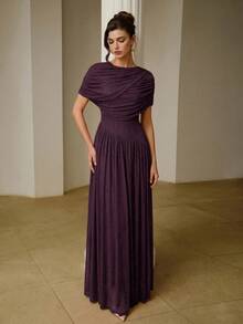 ZEYLAH Women's Solid Color Pleated Casual Party Long Dress - Bold Plum - View 3