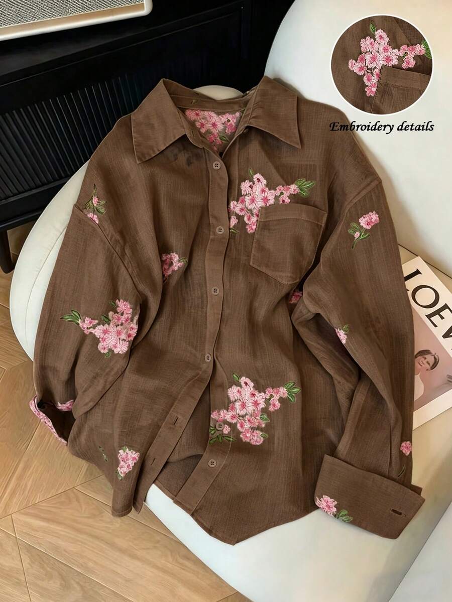 Franclia 女款時尚休閒簡約浪漫度假風刺繡花卉長袖鈕扣襯衫 - 卡其色 - 查看 1