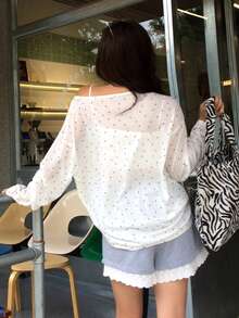 Dazy Tall Women's Large Scoop Neck Long Sleeve Polka Dot Casual Pullover T-Shirt Fall - White - View 6