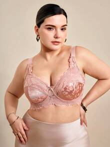 Hourtrue Áo ngực có gọng phối ren thời trang dành cho nữ cỡ lớn - Màu be - Xem 4
