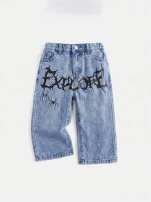 SHEIN Baby Boy Letter Pattern Pocket Button Casual Daily Denim Jeans - Light Wash - View 1