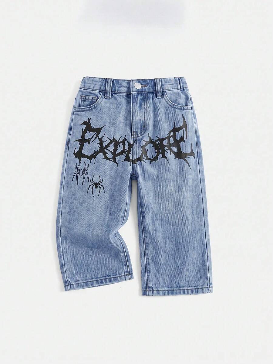 SHEIN Baby Boy Letter Pattern Pocket Button Casual Daily Denim Jeans - Light Wash - View 1