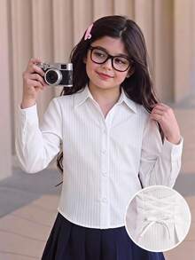 SHEIN 兒童青少年女孩優雅正式純白色長袖襯衫，綁帶收腰上衣，返校季校園正式秋季穿搭 - 白色 - 查看 14