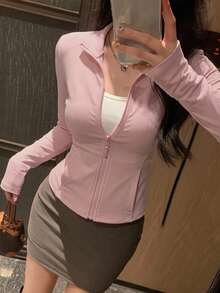 DAZY 女款粉色棉質休閒開襟衫，春季健身夾克，標準版型 - 粉色 - 查看 3