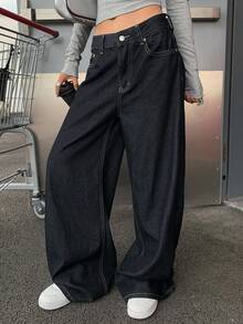 DAZY Celana Jeans Kasual Wanita Warna Polos Model Lurus Gaya Y2k - Dark Wash - View 8
