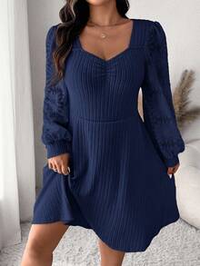 SHEIN Frenchy Plus Size Elegant Commuter Solid Color Jacquard Patchwork Dress Fall - Navy Blue - View 7
