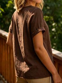 Balvessa White Square Neck Lace Patchwork Casual Blouse For Women - Coffee Brown - View 2