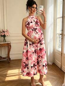 Momance Maternity Dress With Digital Printing, Shirred & Waistline Design - Watermelon Pink - View 1