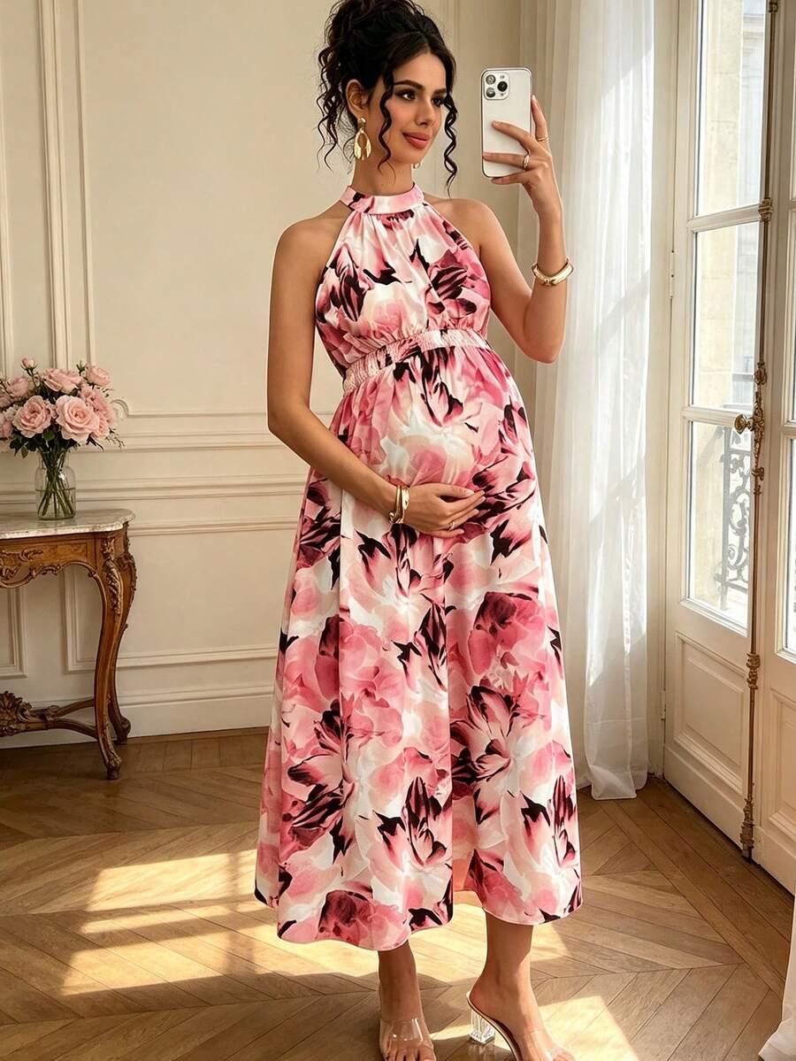 Momance Maternity Dress With Digital Printing, Shirred & Waistline Design - Watermelon Pink - View 1