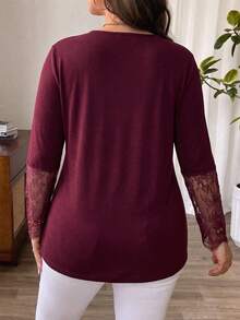 Lacomfia Women's Round Neck Embroidered Lace Versatile Casual Design Plus Size T-Shirt For Autumn/Winter Home Wear - Burgundy - View 3