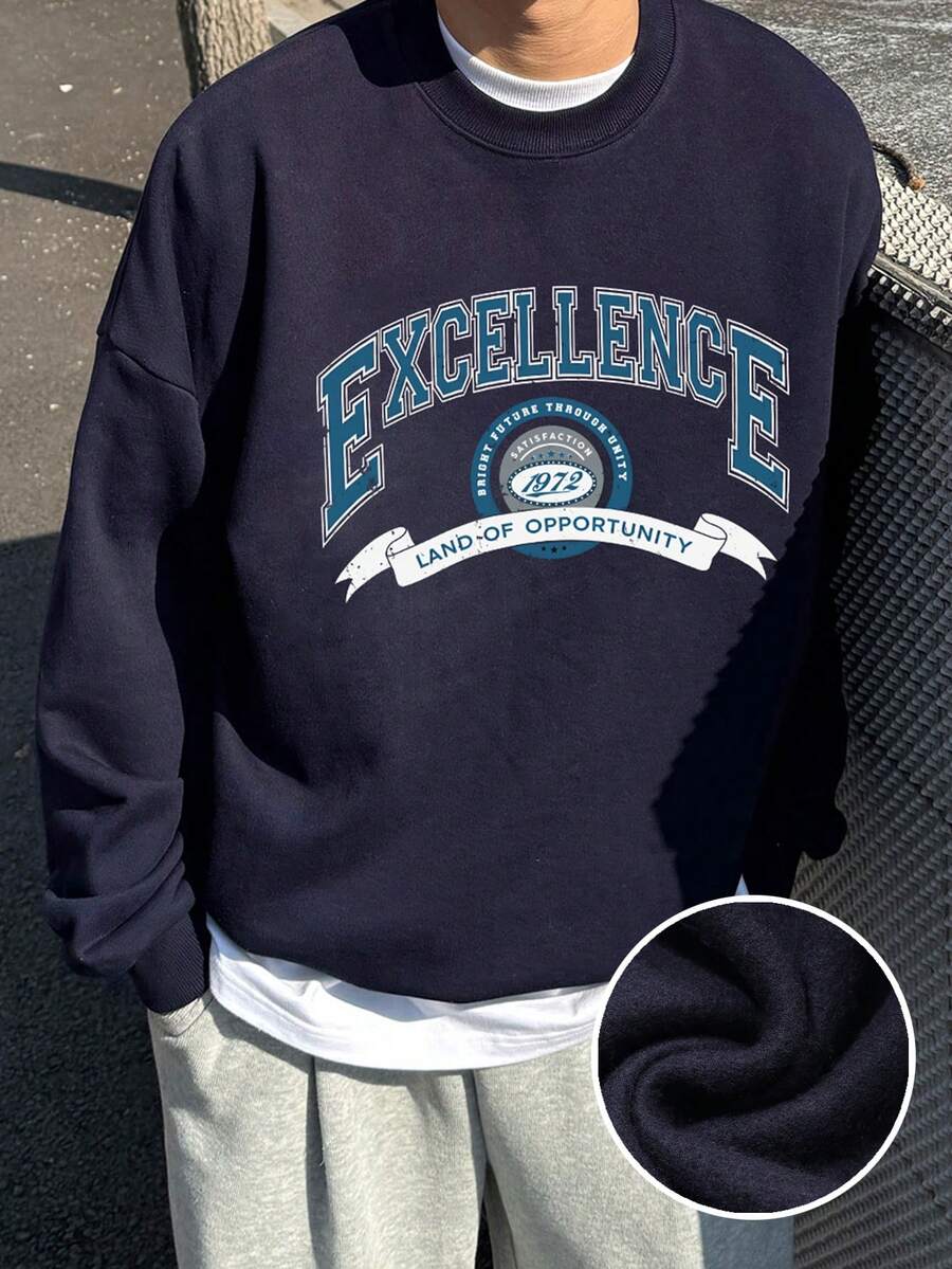DAZY Sweatshirt Pullover Pria Model Longgar Pendek Kerah Bulat dengan Lapisan Termal untuk Musim Gugur/Dingin, Warna Biru Tua, Motif Huruf - Navy Blue - View 1