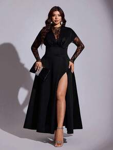 Viva Relle Plus Size Women's Sexy Lace Dress With Side Slit Hem Fall - Black - View 3
