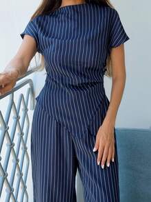 Alya Khalil 女款優雅海軍藍白條紋兩件套，夏季辦公收腰不對稱下擺襯衫與寬腿褲，時尚商務套裝 - 藍白色 - 查看 5