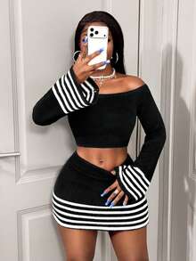 BamGleam Melanin Women Cold Shoulder Ribbed Knit Two Pieces Outfit, Flare Cuff Black And White Crop Top + Bodycon Mini Party Night Night Night Autumn Sexy - Black and White - View 4