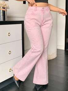 Dazy Plus Celana Jeans Denim Wanita Kasual Serbaguna untuk Harian dan Perjalanan, Model Flare dengan Saku dan Kancing - Berwarna merah muda - View 1