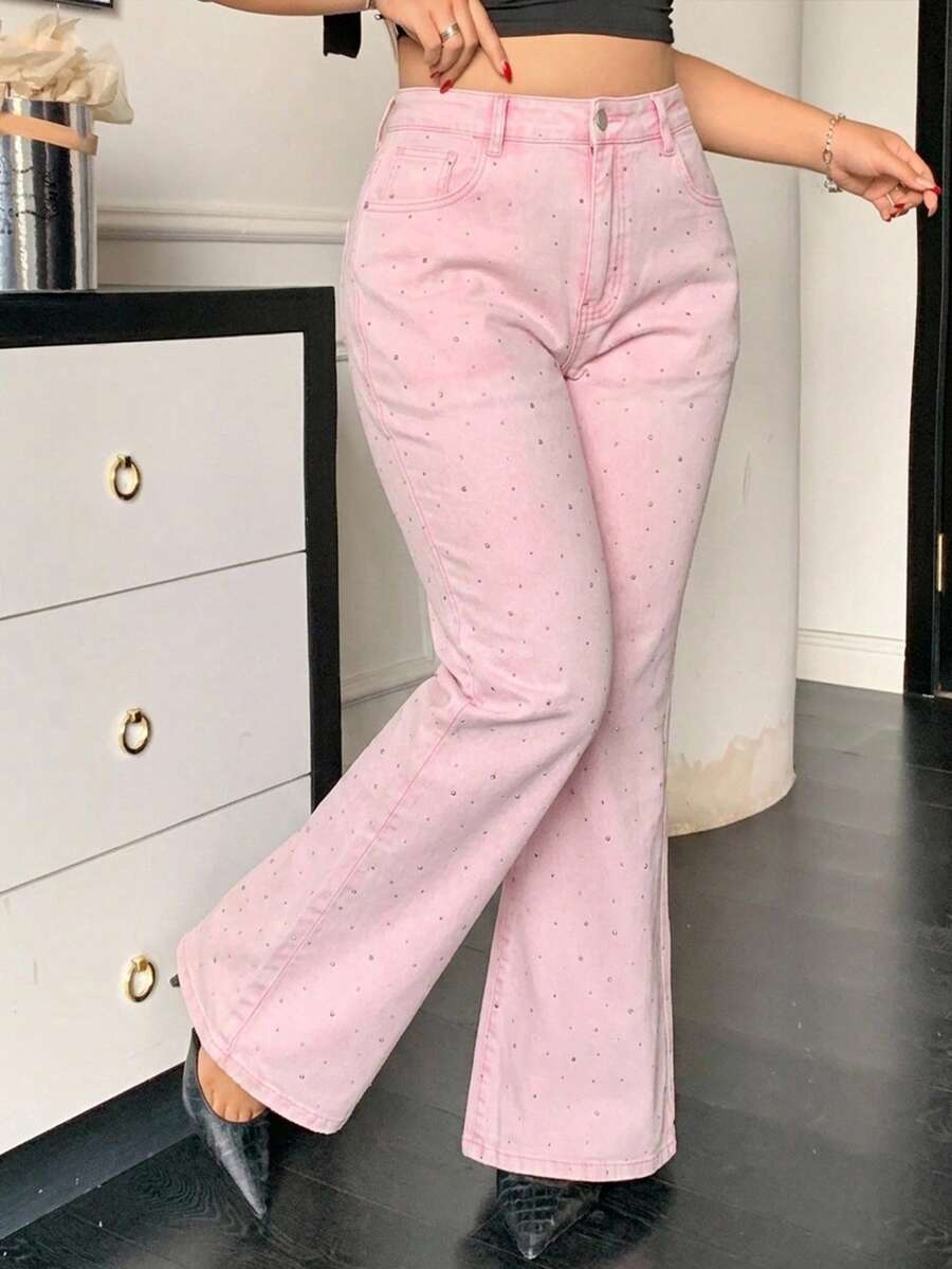 Dazy Plus Celana Jeans Denim Wanita Kasual Serbaguna untuk Harian dan Perjalanan, Model Flare dengan Saku dan Kancing - Berwarna merah muda - View 1