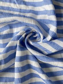 Linhara CURVE Women's Spring/Autumn Commute Casual Minimalist Western Blue And White Vertical Striped Round Neck Wooden Button Asymmetrical Decor - Blue - View 4