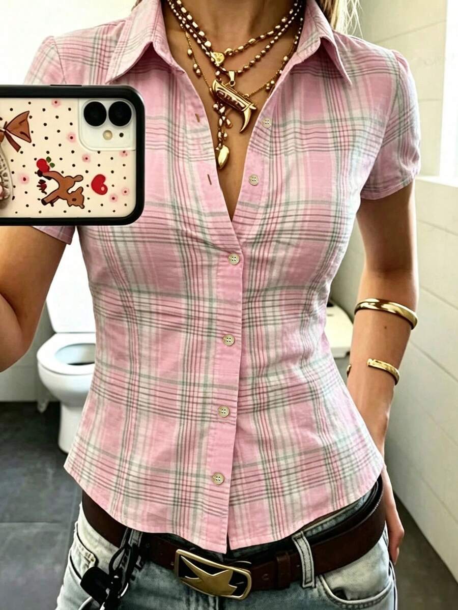 IslaSuriya 女款格紋短袖單排扣休閒襯衫 - 彩色 - 查看 1