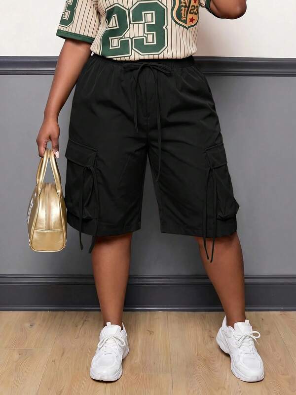 Slaydiva Plus Size Fashion Versatile Drawstring Waist Cargo Shorts For Daily Wear