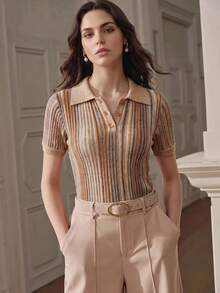 Anewsta Essential 女款彩色條紋 Polo 領短袖上衣，可愛休閒設計，適合夏季 - 卡其色 - 查看 3