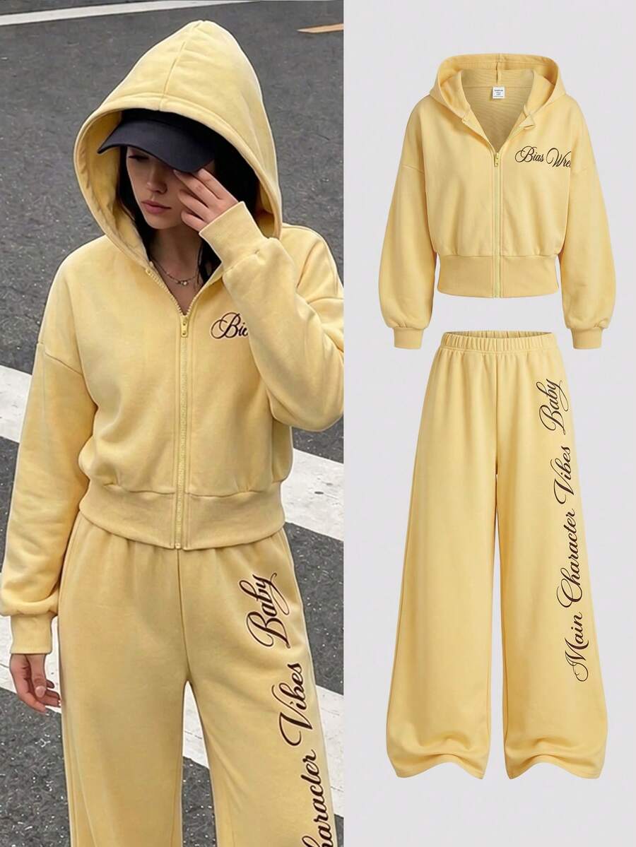 SHEIN 青少年女孩連帽衫兩件套,休閒簡約寬鬆針織款,開學季秋季度假字母黃色連帽衫女裝 - 彩色 - 查看 1
