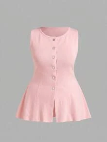 SHEIN EZwear 大尺碼夏季涼感針織灰粉色背心上衣 教師節 辦公室 正式 優雅 商務休閒 - 粉色 - 查看 5