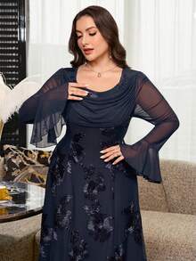Reflora Plus Size Elegant Party Floral Embroidered Dress - Navy Blue - View 11