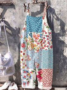 EMERY ROSE Plus Size Loose Retro Patchwork Print Bib Pants, Suitable For Holiday, Beach Wear In Summer, Vintage Casual Countryside Outfit For Women - Multicolor - View 2