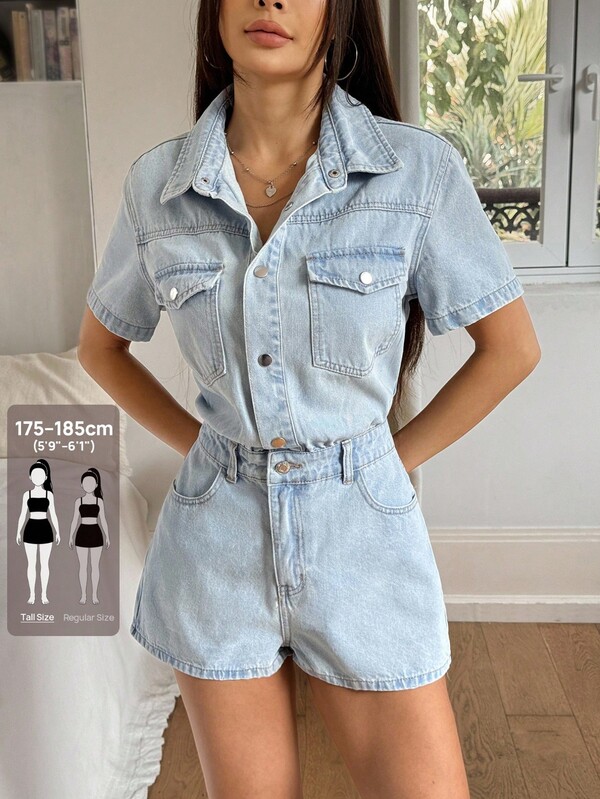 SHEIN Tall Women's Denim Overalls And Jumpsuits, Casual Loose Light Blue Denim Jumpsuit, Versatile Denim Jumpsuit For Daily Commute, School, Casual Outings And Travel