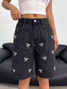 SHEIN Teen Girl Bow Embroidery Pocket Casual Denim Shorts - Black - View 4