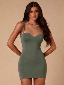 SHEIN BAE Women's Spring/Summer Daily Sexy Olive Green Tight Bra With Fashionable Bodysuit, Suitable For Dating, Nightclub, Outing, New Year, Music Festival Top - Army Green - View 4