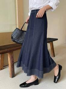 DAZY Women's Long Mermaid Denim Skirt, Vacation Style Autumn Work Everyday Navy Blue French Casual - Dark Wash - View 1