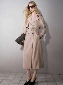 MOTF PREMIUM WOMEN'S KHAKI DOUBLE-BREASTED OPEN FRONT BELTED LONG TRENCH COAT - Khaki - View 7
