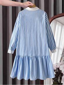 SHEIN فستان كاجوال مخطط لفتاة مراهقة في فصل الخريف - الأزرق - مشاهدة 3