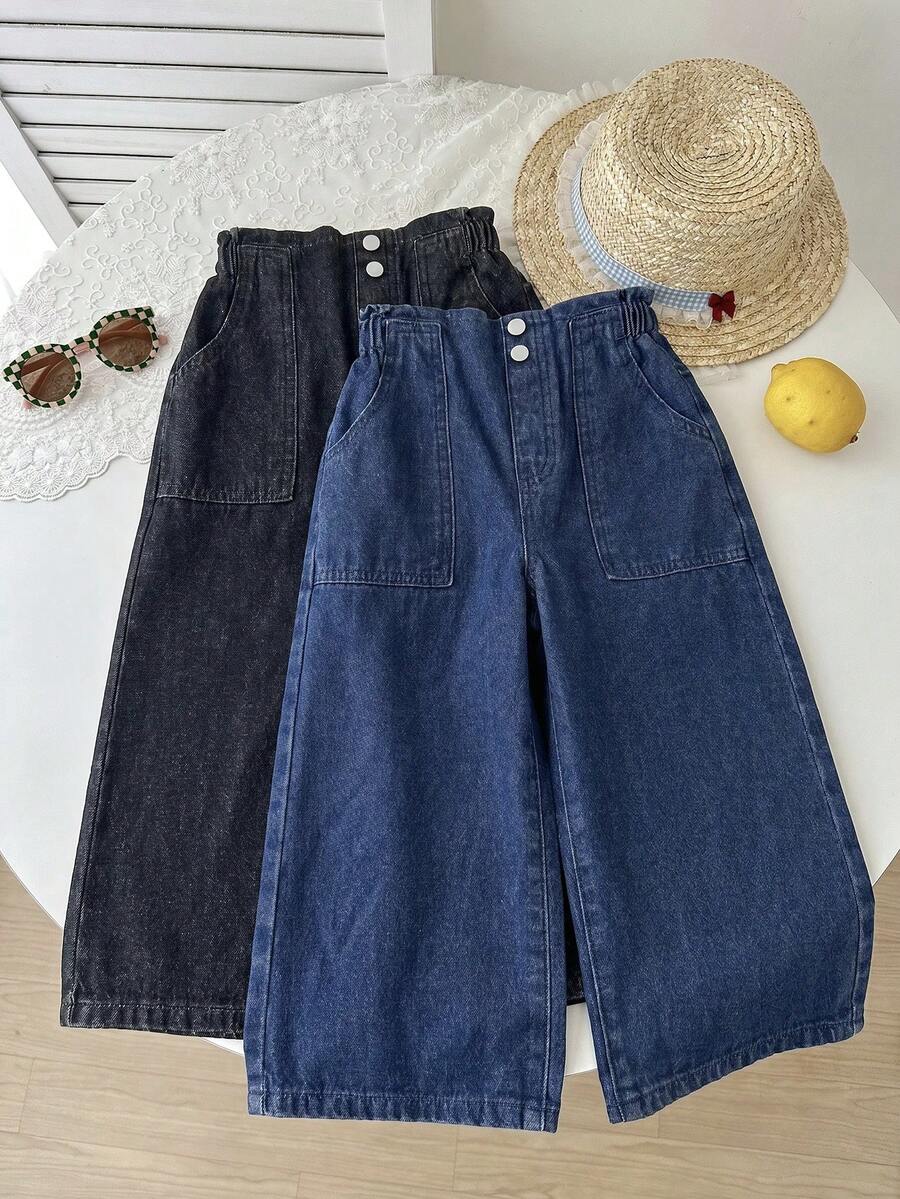 SHEIN LMoss Kids Young Girl 2件組粉色與白色牛仔寬鬆長褲女童款 - 彩色 - 查看 1