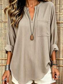 EMERY ROSE Women's Striped V-Neck Casual Loose Pocket Shirt - Khaki - View 3