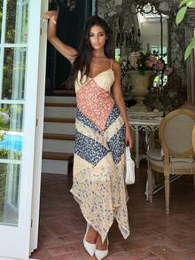 Ronhire Dark Orange Summer Boho Vacation Holiday Women's Spaghetti Strap Floral Patchwork Asymmetric Hem Backless Dress Bohemian Music Festival Elegant Party - Multicolor - View 6