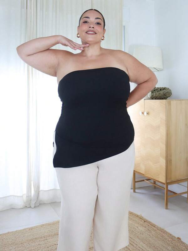 Pretty and Ole Plus Size Black Pleated Slit Strapless Knit Stretch Top