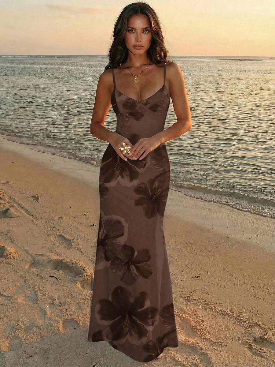 Aloruh 夏季度假細肩帶綁帶修身性感棕色扶桑花印花女款洋裝,適合夏季、夏季海灘穿搭、夏威夷花卉洋裝、海灘、音樂節 - 巧克力棕 - 查看 1