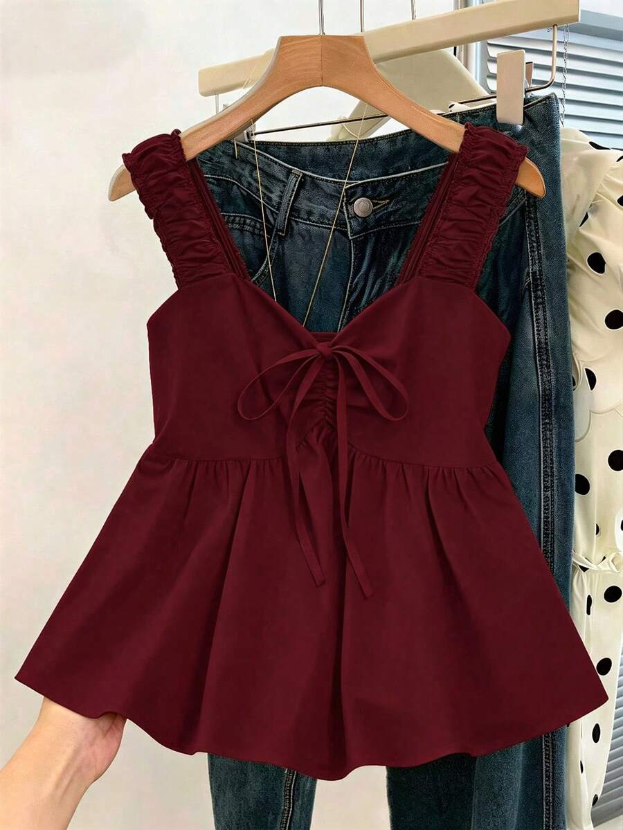 Franclia Tank Top Longgar Wanita dengan Tali Pengikat di Pinggang dan Tali Bahu Lebar - Burgundy - View 1