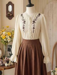 Vintamour Women's Elegant Commute Floral Embroidered Lace Trim Blouse Elegant Back To School Blouse For Women Fall/Winter Elegant Business Work Blouse For Women - Beige - View 3