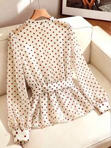 GlowEve CURVE Designer White Polka Dot Lace-Up Waist-Cinched Chiffon Blouse Women's Spring New Stylish Plus Size Shirt Fall - Apricot - View 2