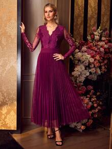 MOTF PREMIUM WOMEN'S ELEGANT SLIMMING WAIST LACE PATCHWORK PLEATED V-NECK A-LINE DRESS - Bold Plum - View 5