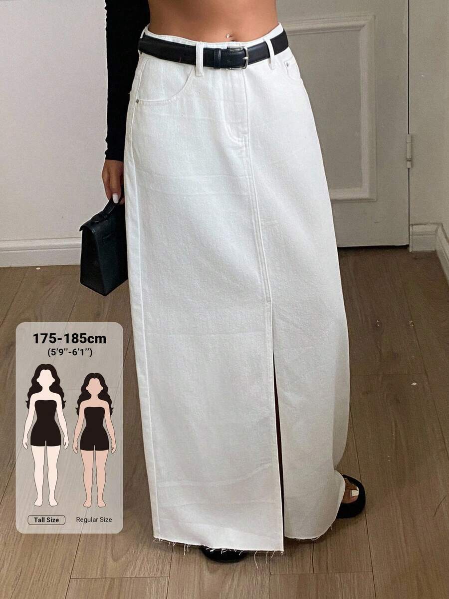 Livesso Tall 女款全白都市休閒牛仔裙,前開衩毛邊下擺,秋季日常穿搭 - 白色 - 查看 1
