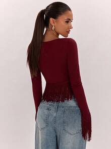 SHEIN BAE 女款時尚優雅流蘇下擺短版上衣 - 酒紅色 - 查看 2