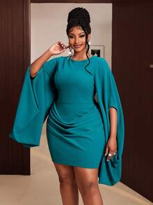 Maweii Gaun Pesta Kasual Lipit Warna Polos untuk Wanita Ukuran Plus - Teal Blue - View 2