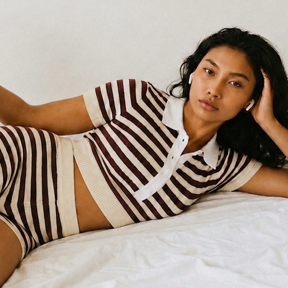 Yellow Brown Knit Polo Striped Polo Top, view 9