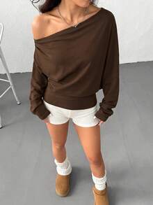 SHEIN EZwear 女款休閒純色不對稱領運動衫 - 棕色 - 查看 4